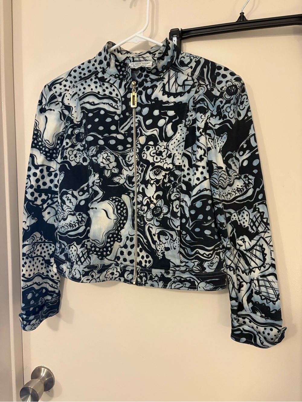 St. John Blue and White Abstract Printed Zip Jacket